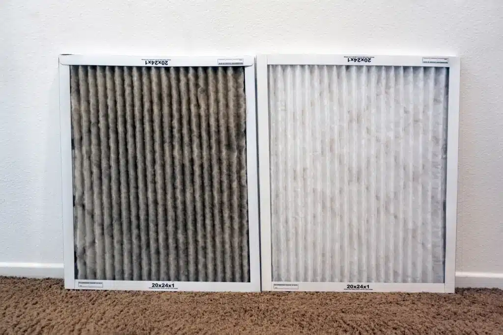 how to reduce allergens in home - An image of a dirty and clean filter side-by-side to one another