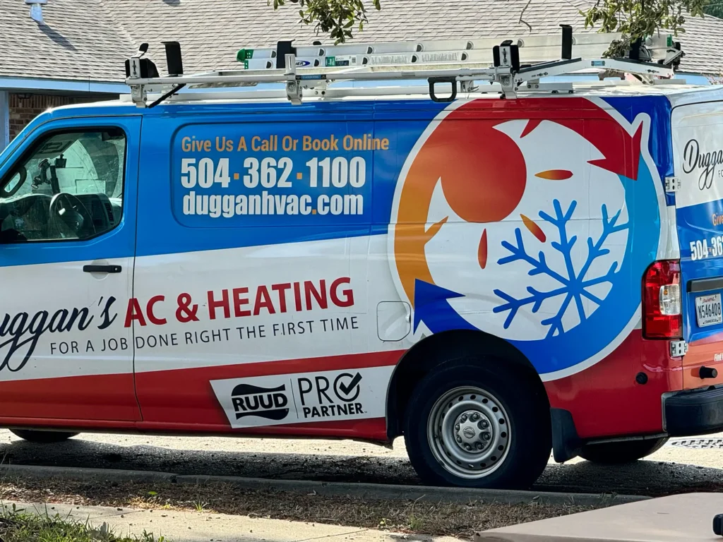 A white and red van advertises Duggan's AC & Heating services, featuring HVAC Specials. It displays a phone number, website, and logos. A large graphic merges a sun and snowflake, symbolizing comprehensive heating and cooling solutions.