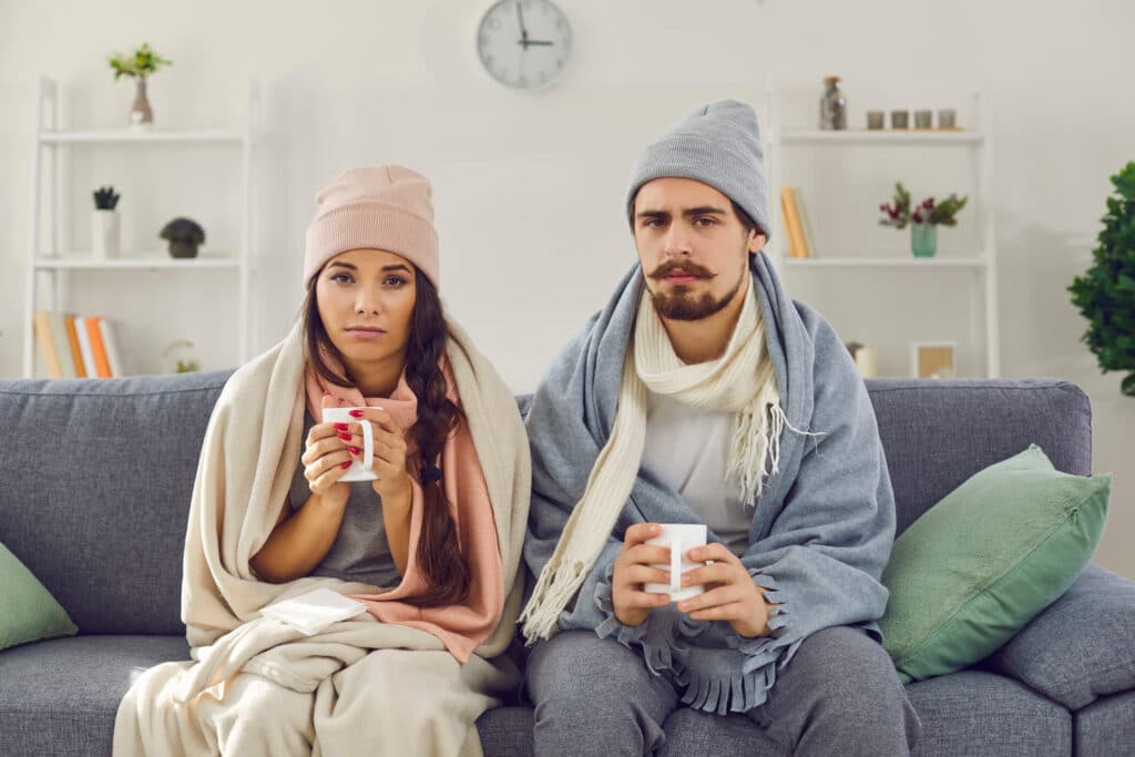 A woman and a man, wrapped in blankets and wearing beanies, sit snugly on the couch with steaming mugs in hand. With a clock ticking softly and shelves brimming with plants and books behind them, they wonder if their coziness is one of those subtle signs you need a new furnace.