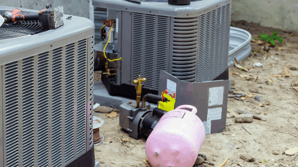 Three outdoor air conditioning units are being serviced, with tools, wires exposed, and a pink refrigerant tank on the ground nearby, on a dirt surface.