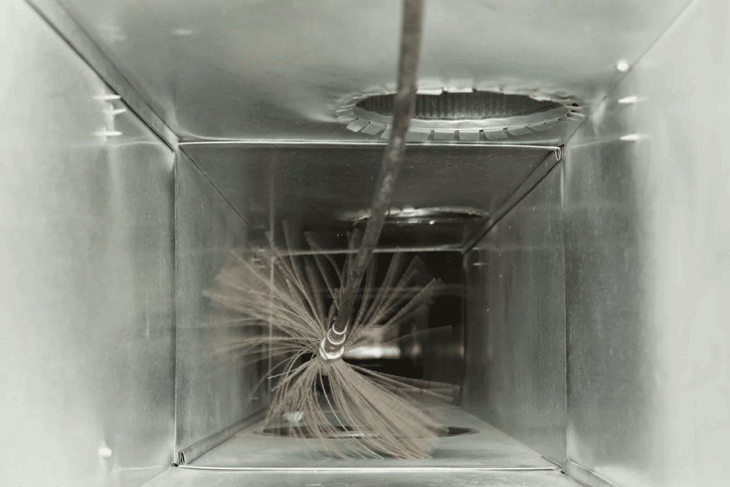 A circular brush attached to a long rod is spinning inside a metal air duct, indicating the process of cleaning the interior of the duct.